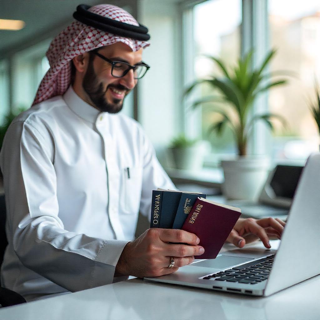 a local of arab nation working Infront of the computer and his hand three passport