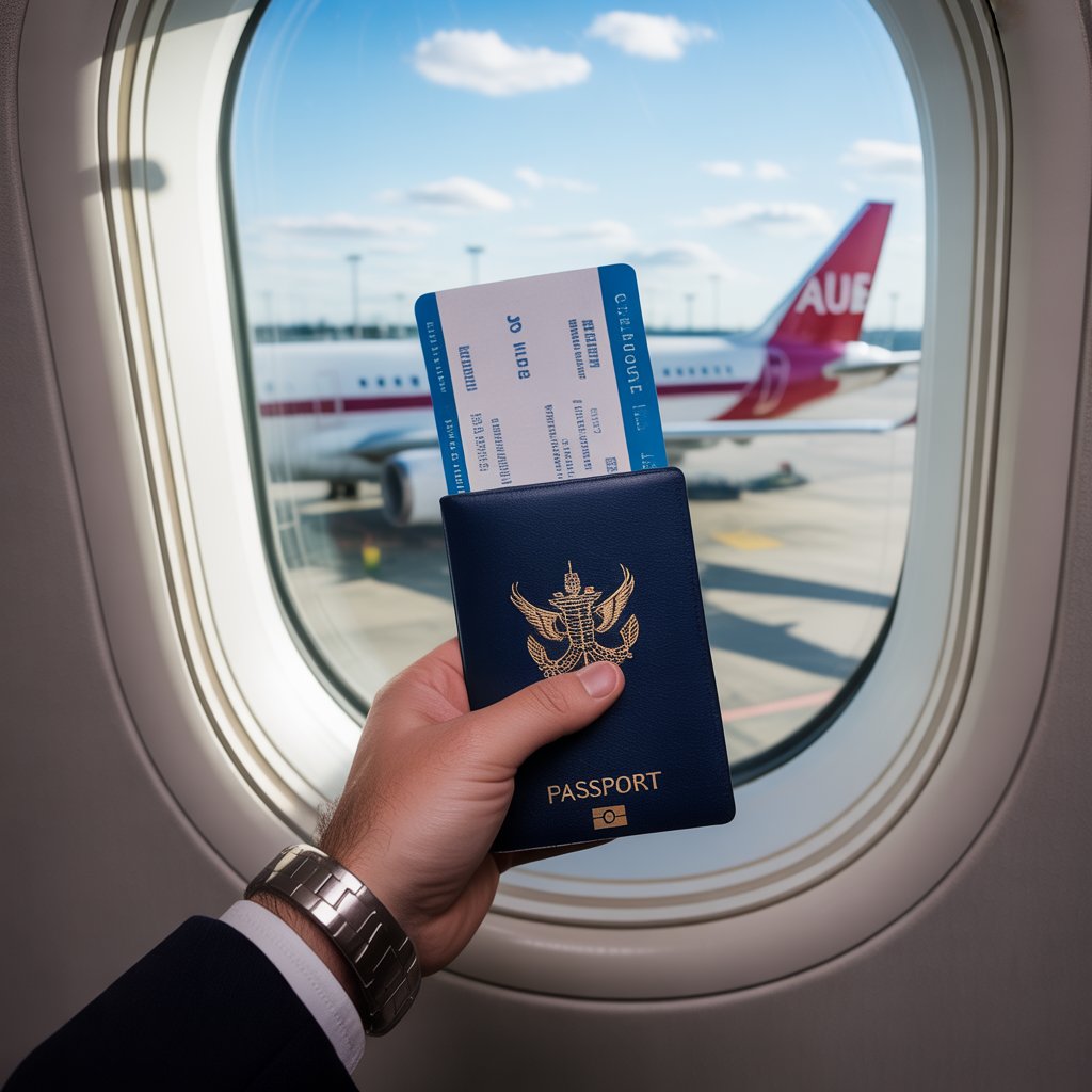 a passport and ticket in the hand of a traveller